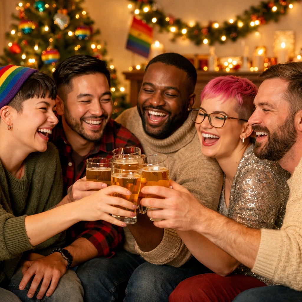 A diverse group of LGBTQ+ friends celebrating holidays together, representing the joy of chosen family.