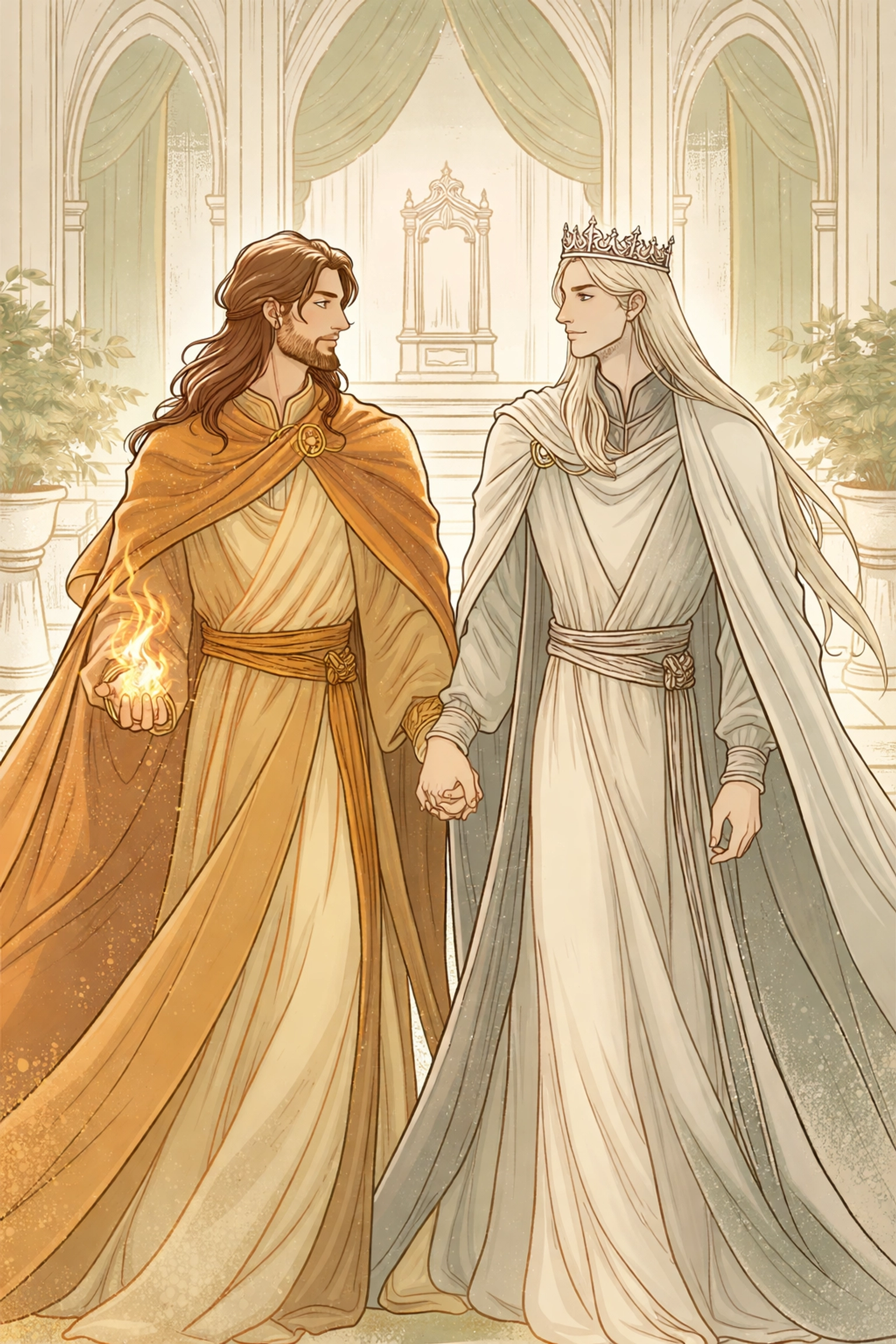 Two regal men in royal robes, standing as equals in a grand throne room, symbolizing transformation and partnership in The Ashen Queen.