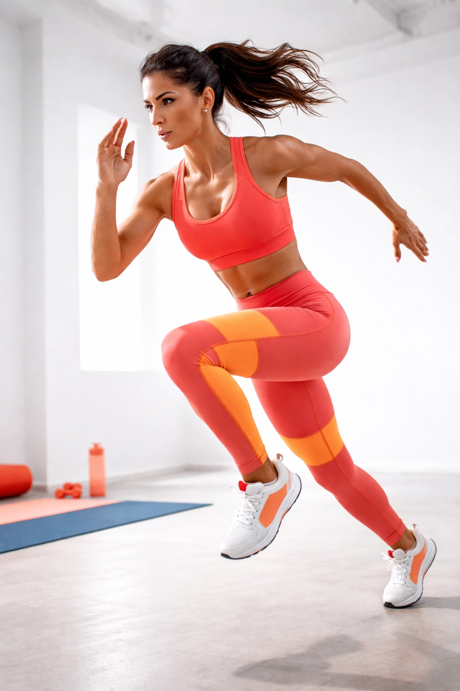 Woman in her 30s performing a high-intensity interval cardio workout in a studio for heart health.