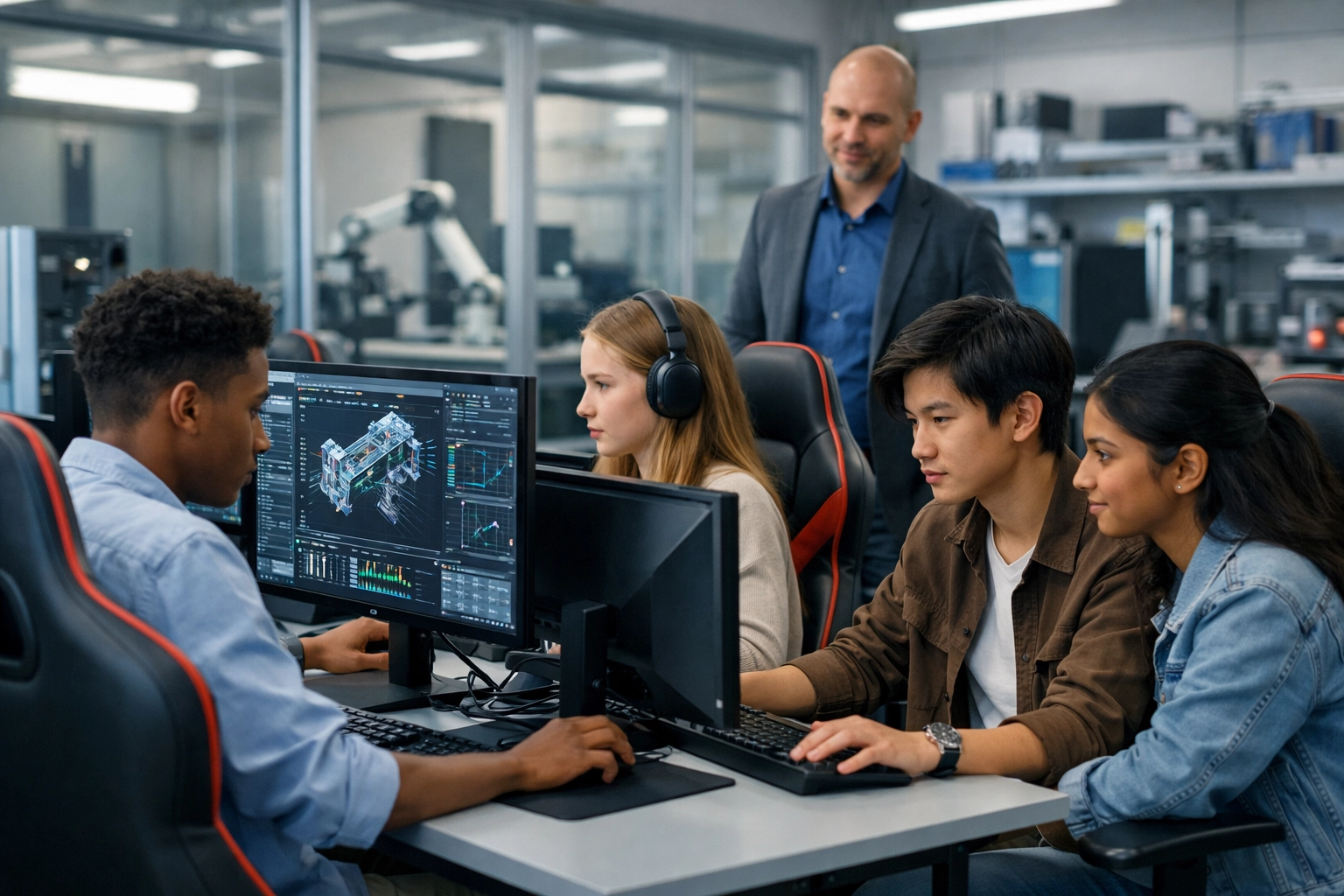 High school students using custom esports gaming pods for STEM education and digital literacy simulations.