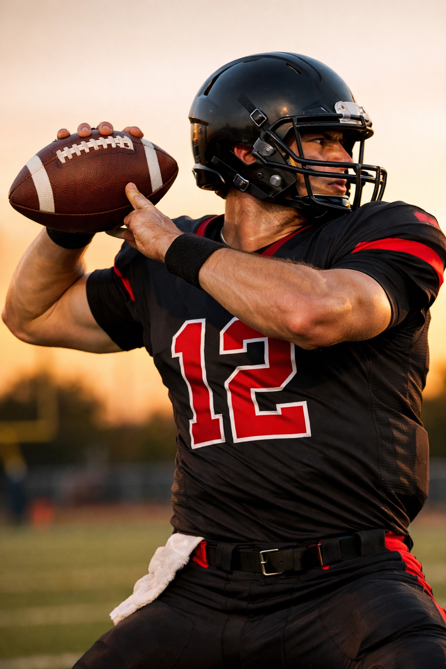 Quarterback illustrating correct L-position arm mechanics and hip rotation during the throwing load phase.