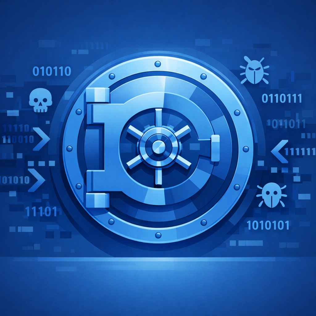 Illustration of a secure digital vault protecting business data from ransomware threats.
