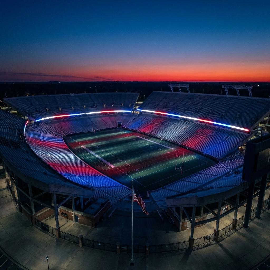 Aerial view of an empty football stadium with red, white, and blue lighting, symbolizing Ole Miss roster vacancies