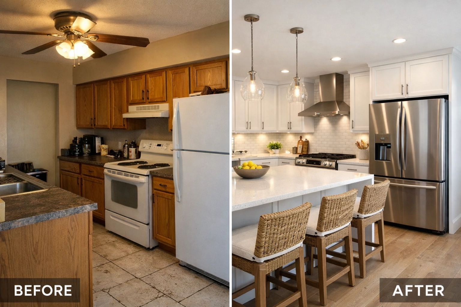 Before and after Orlando kitchen renovation showing professional craftsmanship