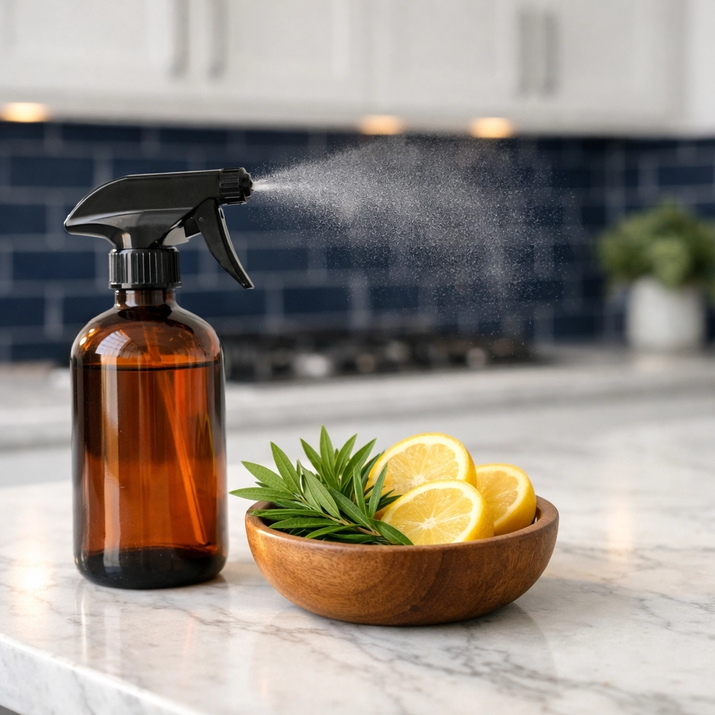 Amber glass spray bottle with tea tree oil and fresh lemons on a marble kitchen island.