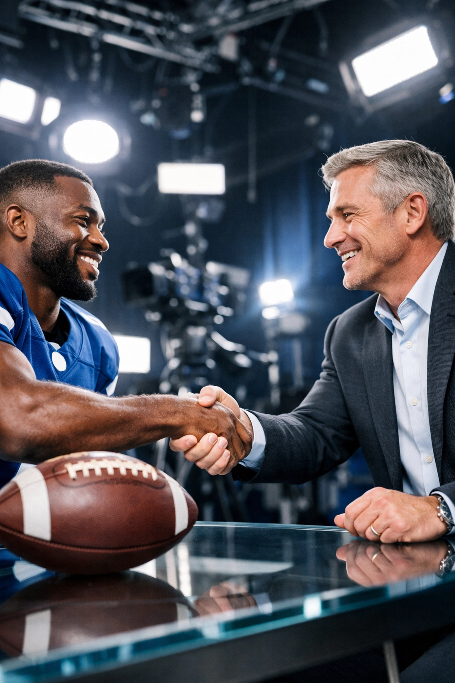Corporate executive and professional athlete shaking hands in a media studio to finalize an NIL partnership.