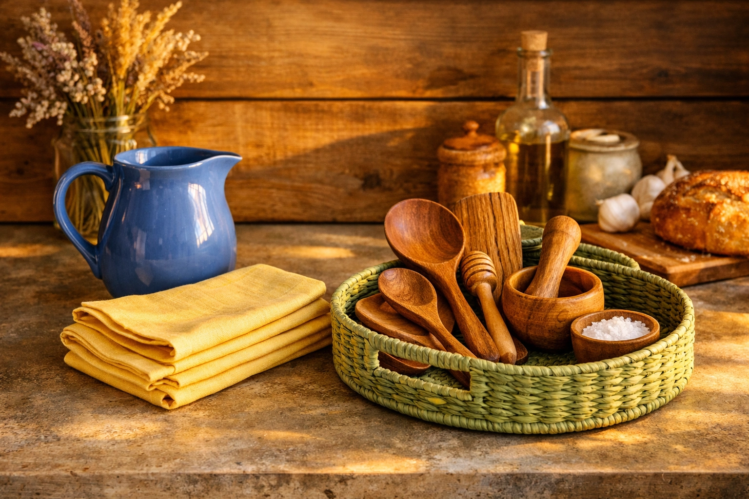 A rustic kitchen display featuring unique handmade gifts in butter yellow, cornflower blue, and pistachio green.