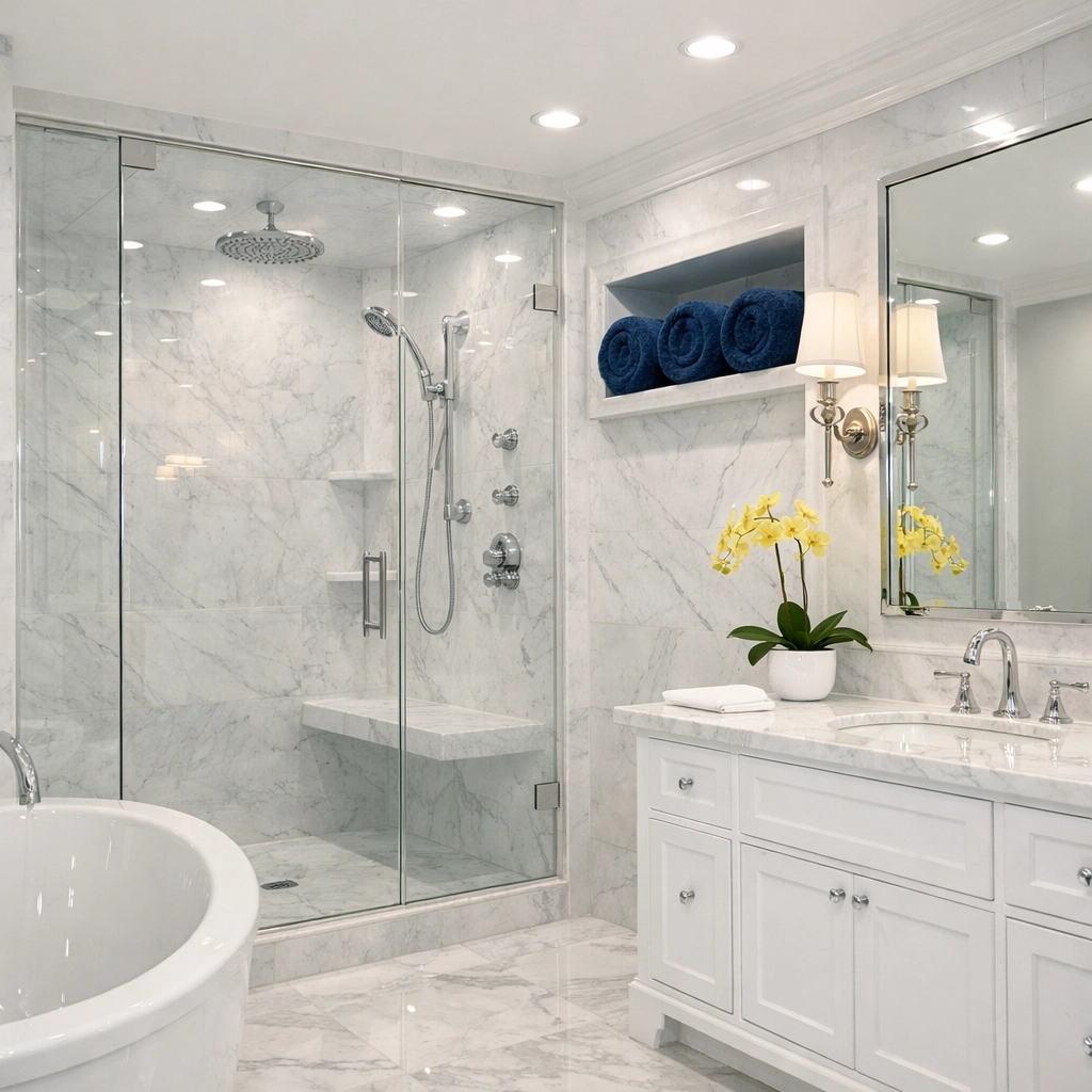 Professionally cleaned luxury master bathroom with sparkling marble tile and polished fixtures.