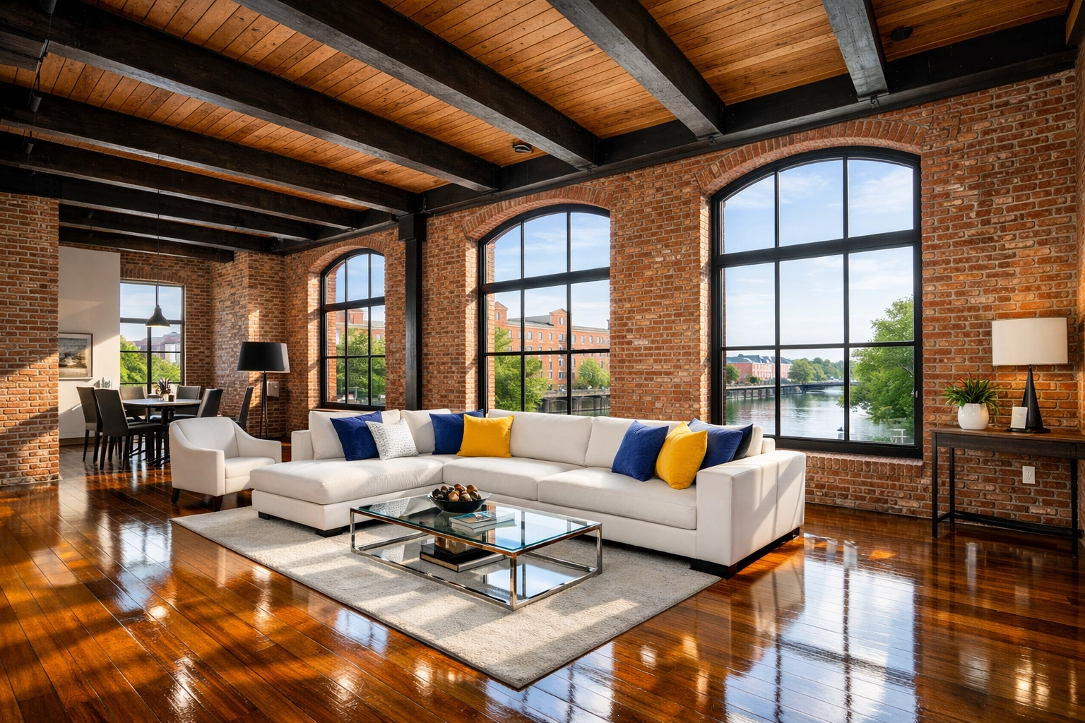 Pristine Lowell loft with polished hardwood floors following a professional deep cleaning Lowell service.