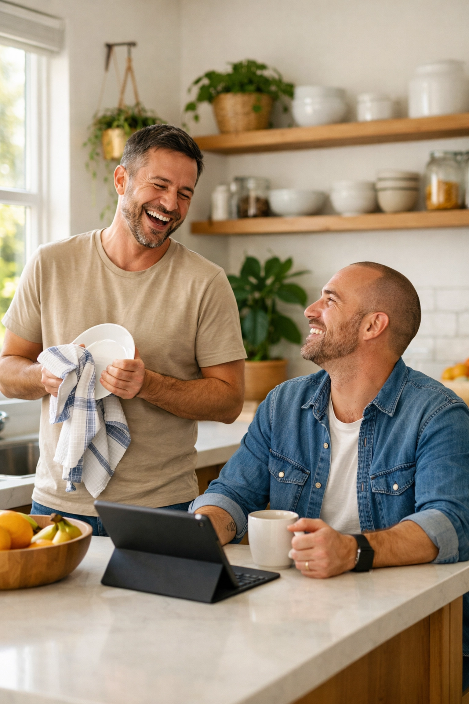 A gay couple sharing chores in a sunlit kitchen, representing equity and balance in queer relationships.
