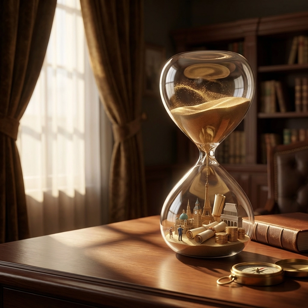 An elegant hourglass symbolizing long-term investment strategies and the illiquid nature of alternative asset allocations.