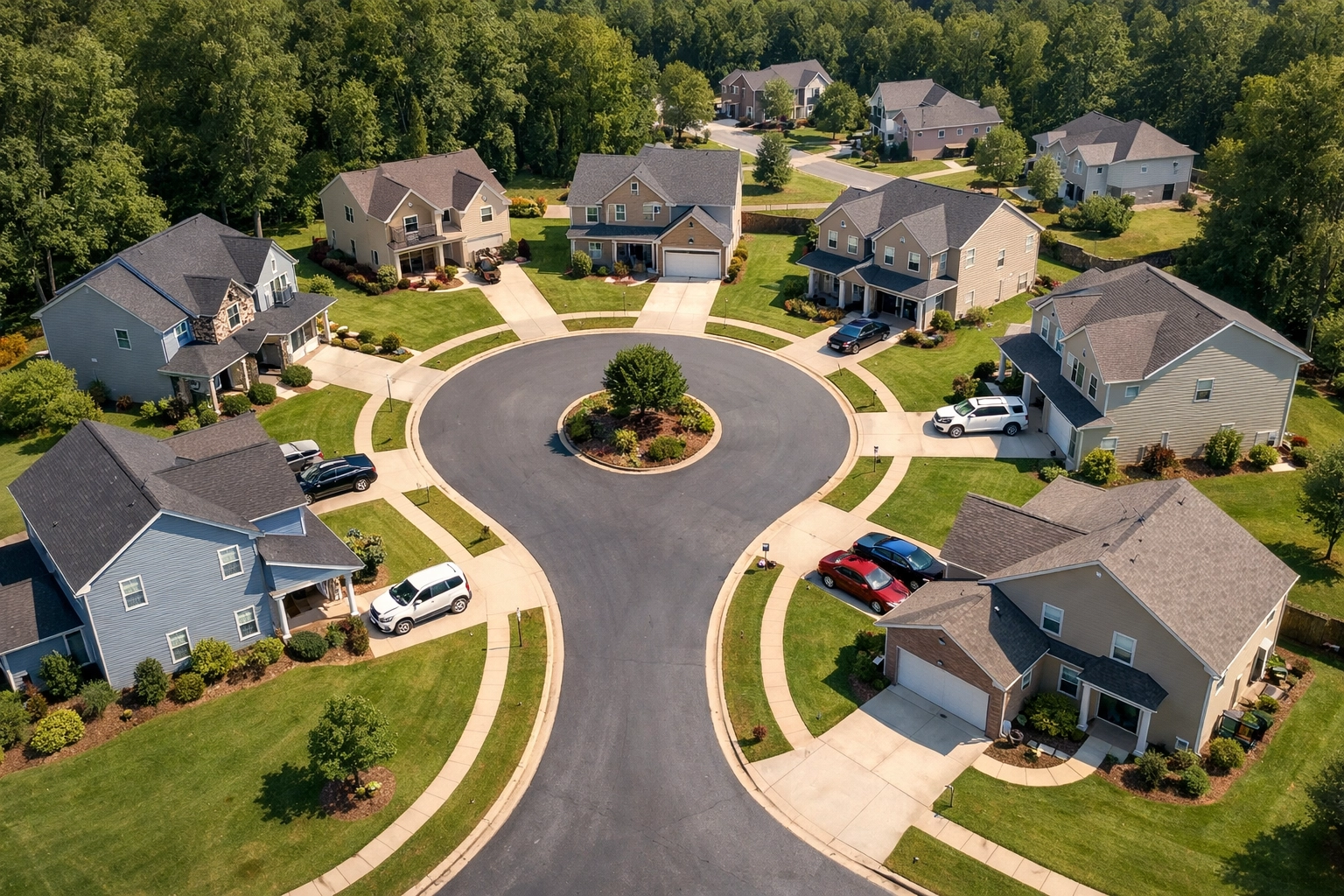 Aerial view of a quiet Triad NC cul-de-sac featuring spacious homes with large, well-maintained lawns.