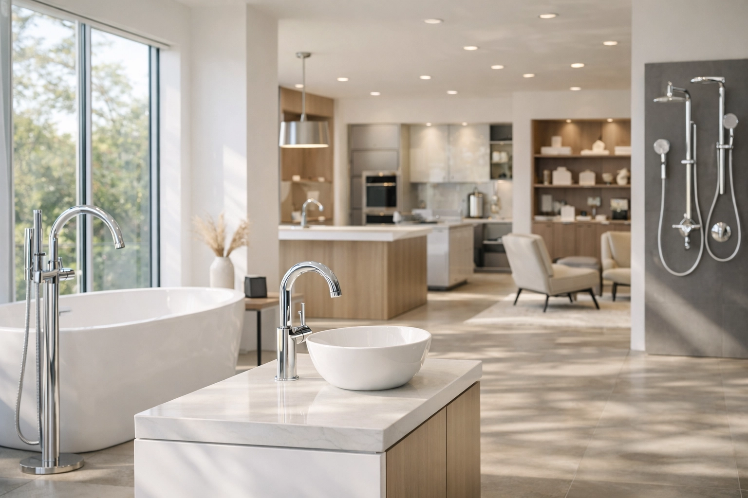 A spotless, sunlit modern showroom with clean glass and dust-free displays.
