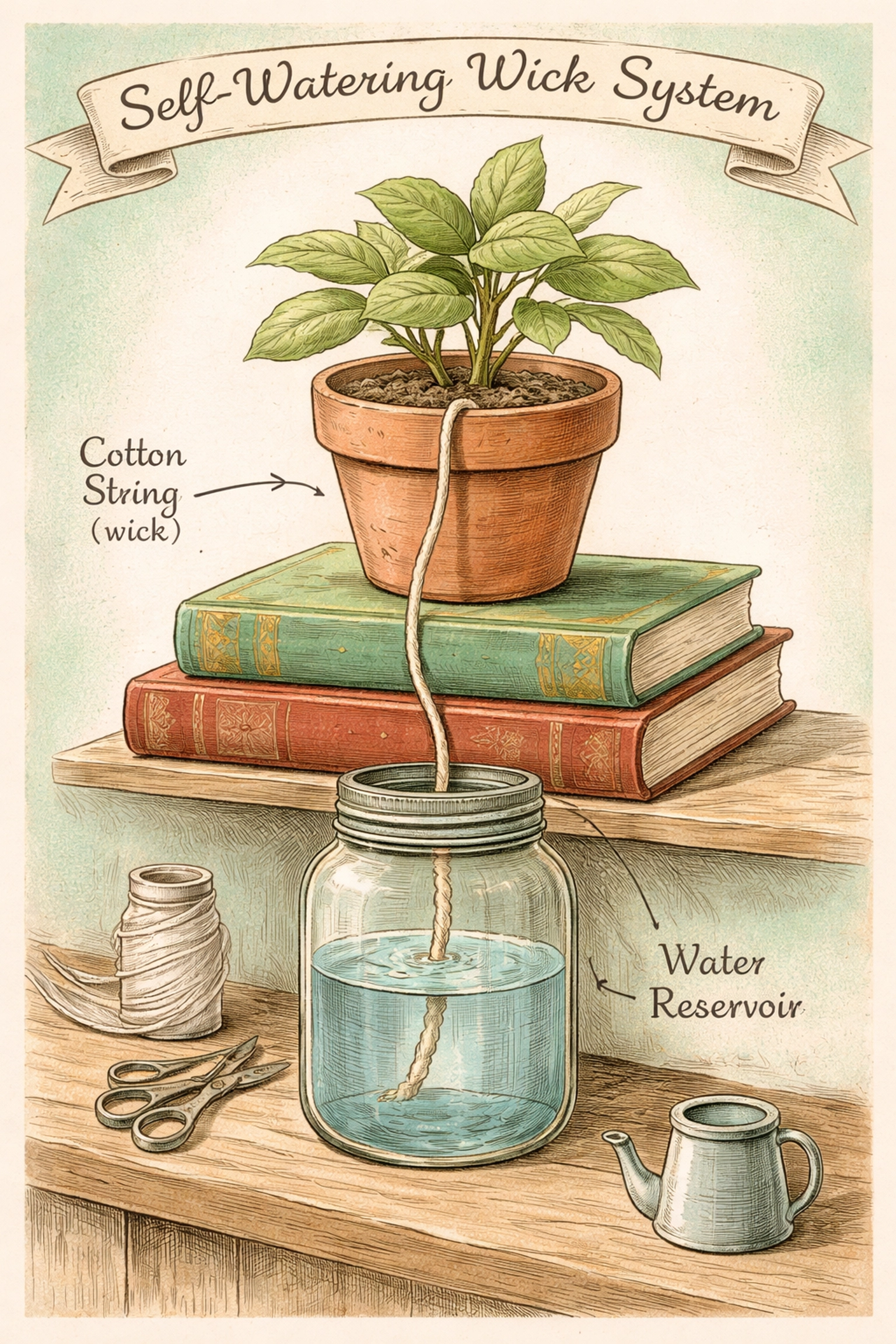 Cross-section of a self-watering wick system watering a potted plant above a glass jar reservoir