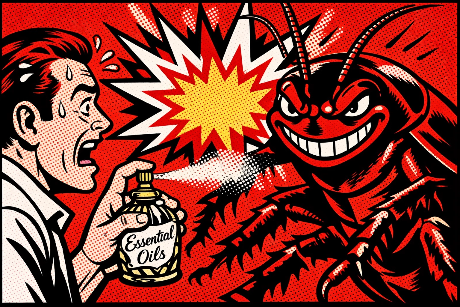 Comic illustration showing failed DIY natural pest control remedies against a large cockroach.