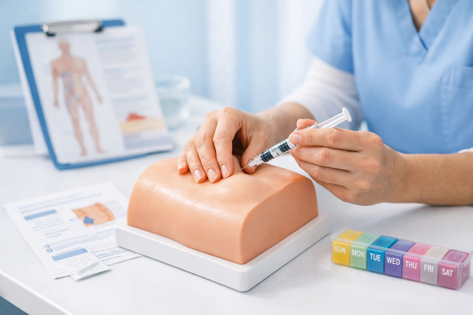 Healthcare provider demonstrating semaglutide injection technique and proper administration