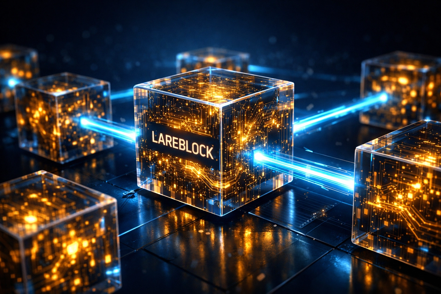 Glowing interconnected digital blocks representing Larecoin's LareBlocks Layer 1 blockchain infrastructure for Web3 payments.