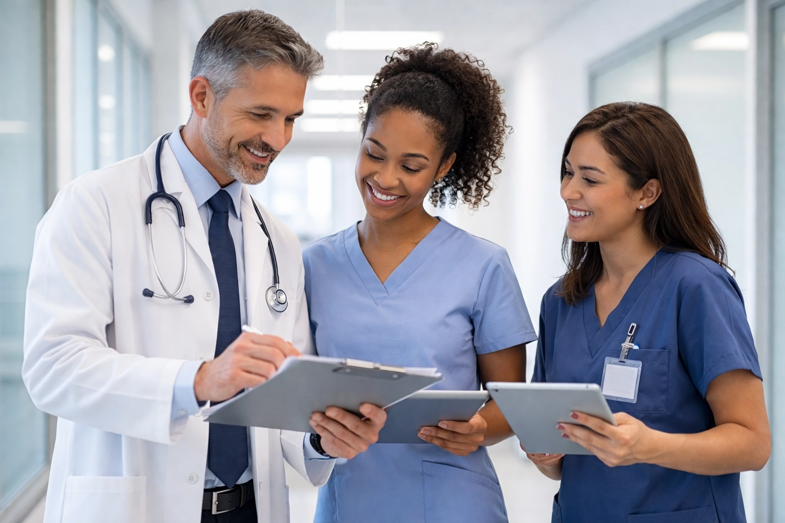 Three healthcare professionals comparing AI SOAP note tools in a bright clinic, highlighting teamwork and modern healthcare technology.