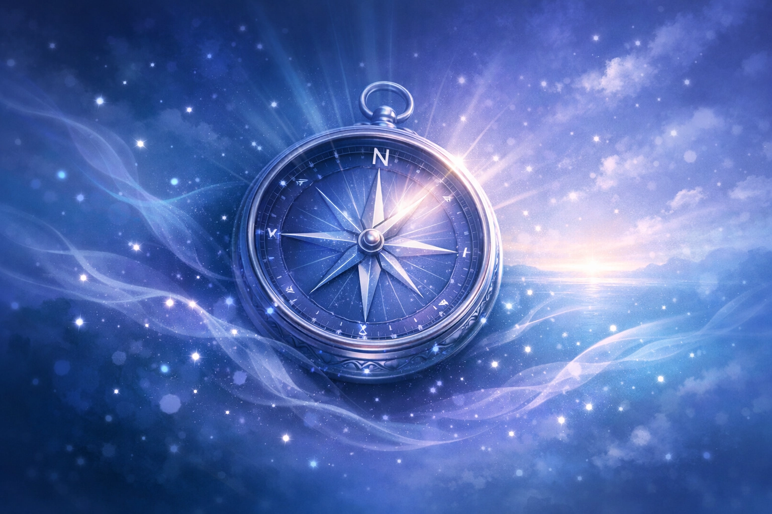 Glowing compass pointing toward bright horizon representing finding your purpose with AI life coaching