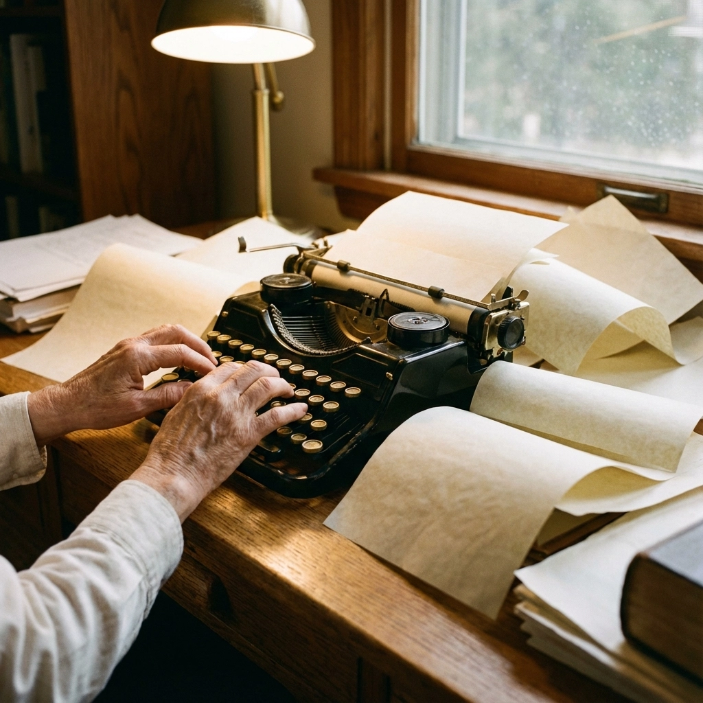 Hands typing on a vintage typewriter at a wooden desk covered in manuscript pages, representing the writing process behind a lead generation book.