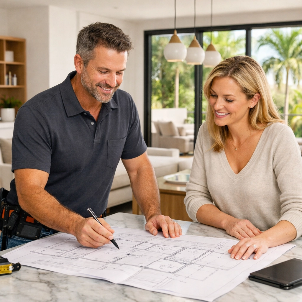 Remodeling expert reviewing renovation plans with an Orlando homeowner in a modern, sun-drenched kitchen.