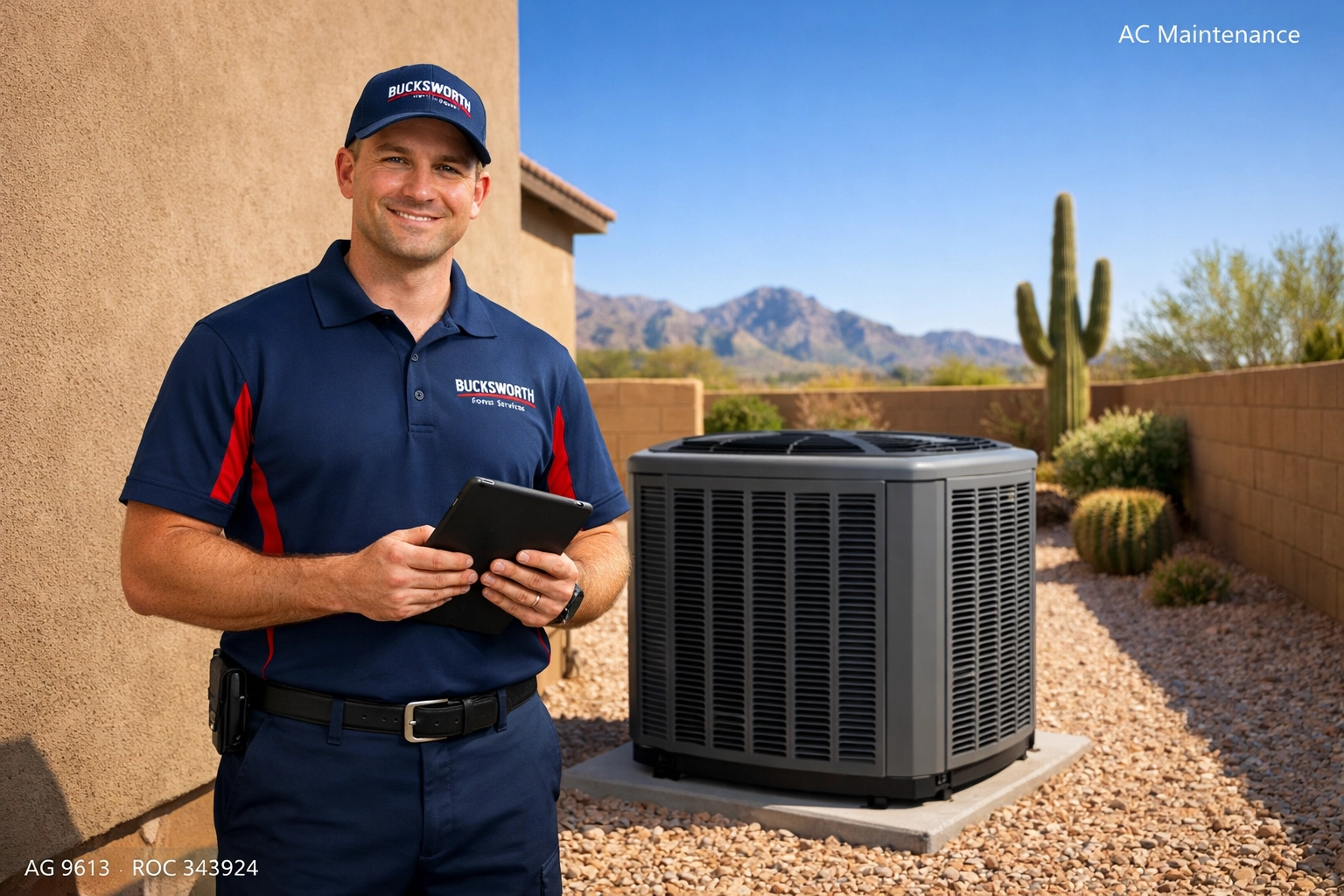 Professional Bucksworth technician performing AC maintenance in Tucson AZ on an outdoor cooling unit.