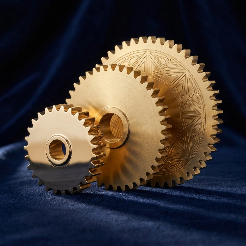 Three golden interlocking gears on blue velvet symbolizing coordinated hedge fund manager selection and strategy.