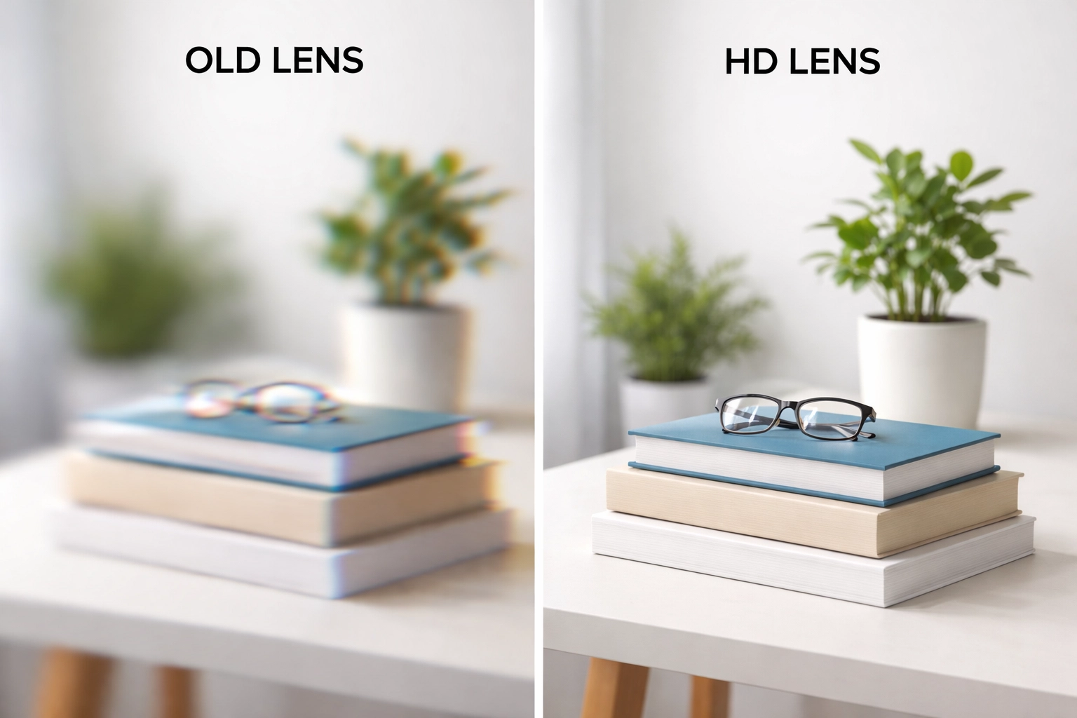 Side-by-side comparison of blurry old lens and sharp HD lens showing the benefits of modern eyewear technology
