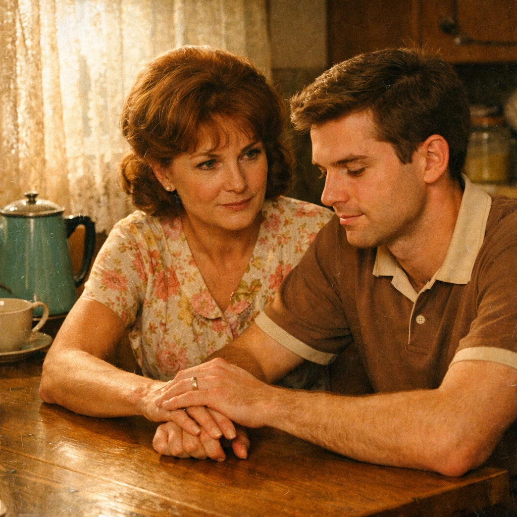 A 1960s mother and gay son share a supportive moment in a kitchen, reflecting historical LGBTQ+ family bonds.