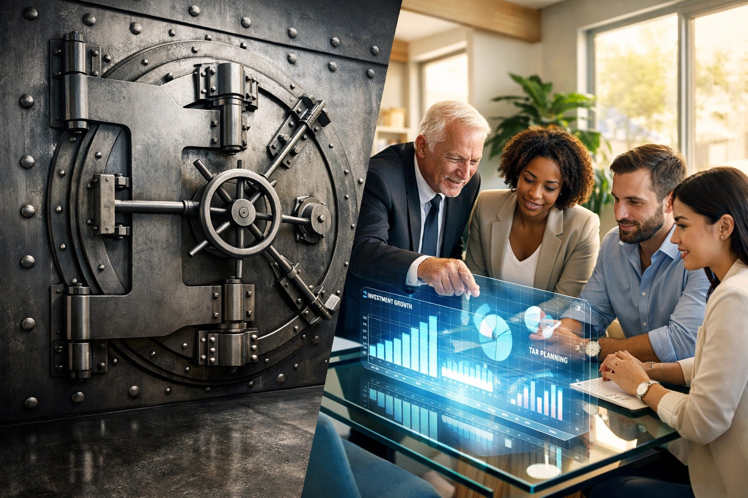 Traditional wealth management versus modern fiduciary advisory team workspace