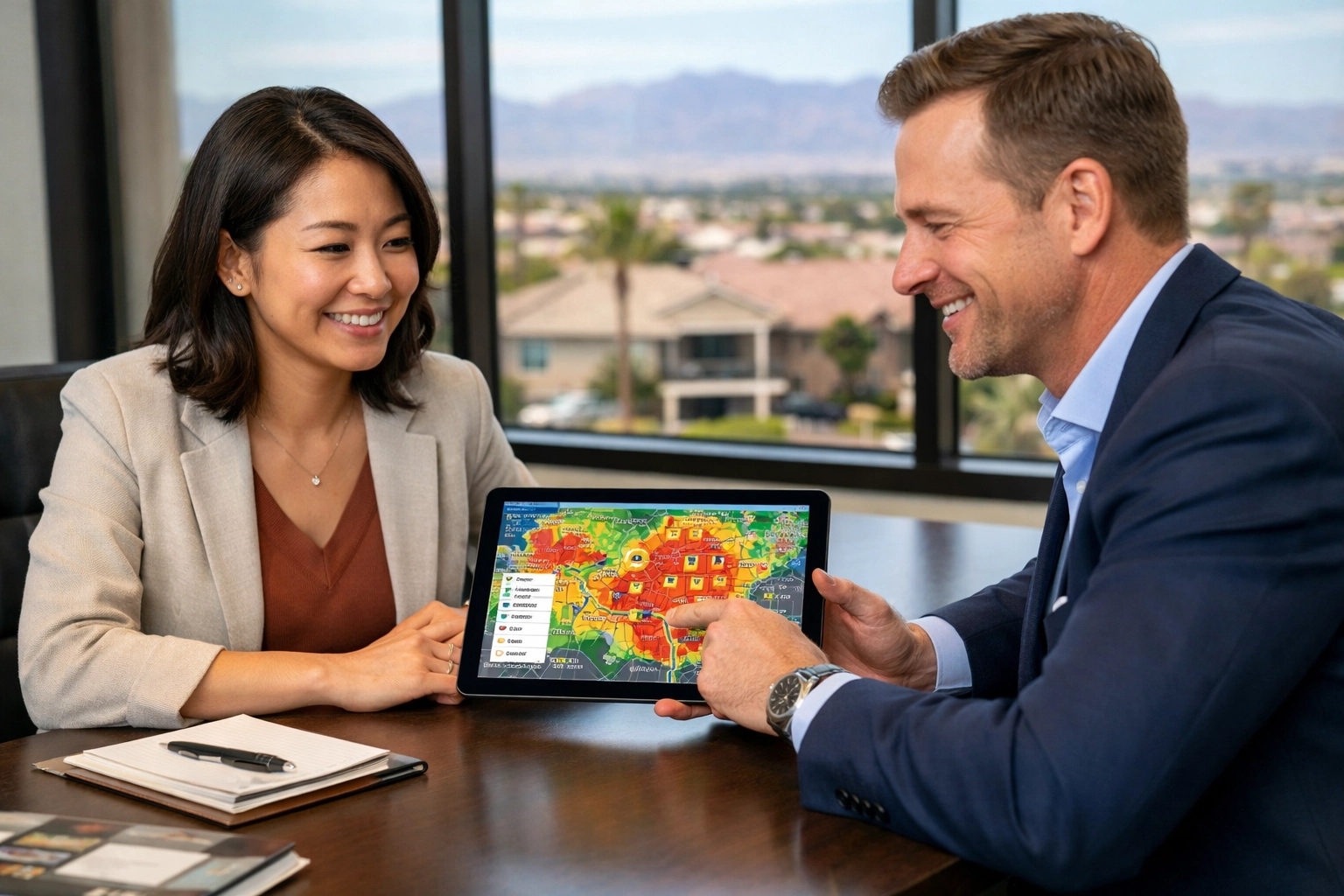 Las Vegas realtor showing homeowner neighborhood heat map data on tablet during consultation