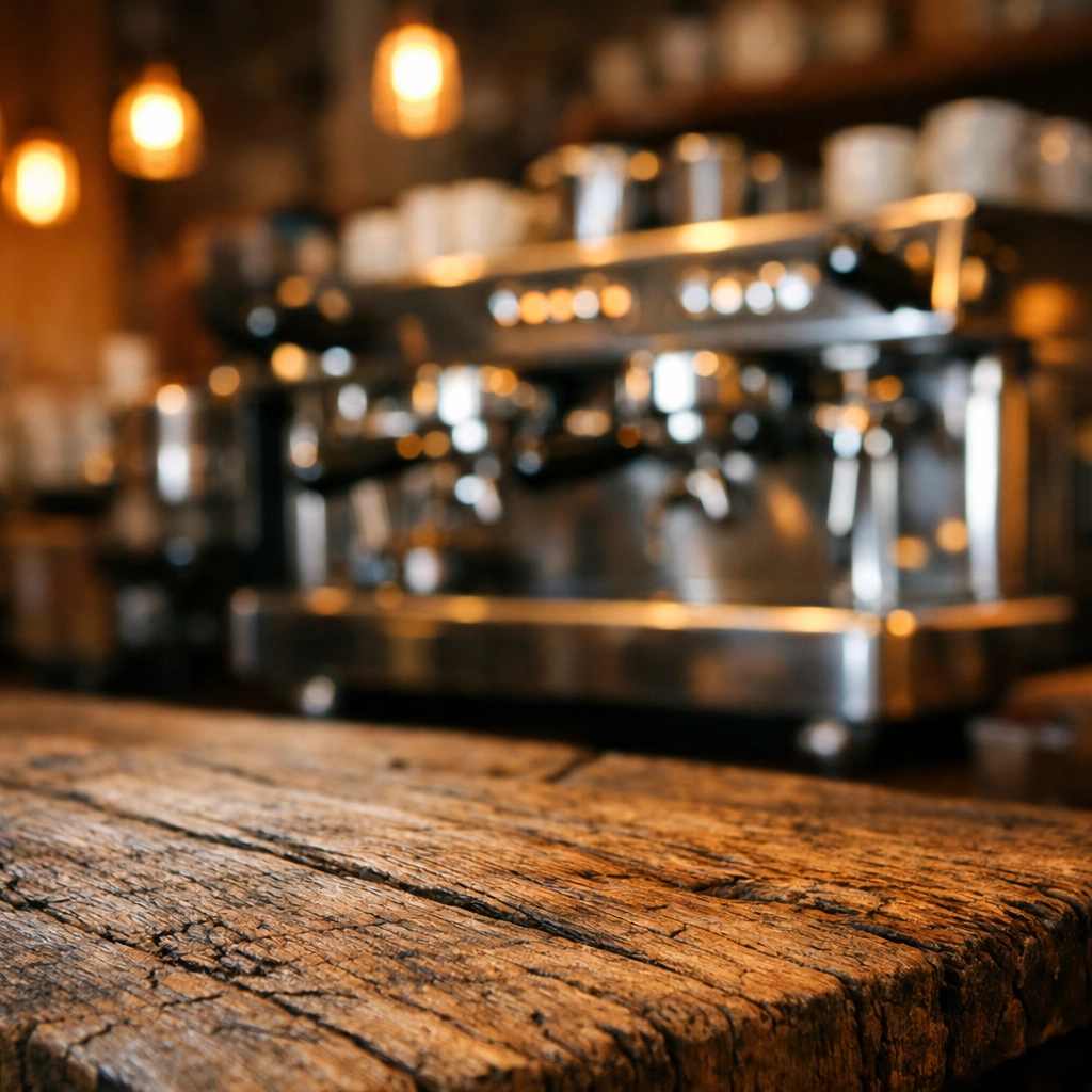 Upcycled timber furniture and professional espresso machine in a specialty coffee shop.