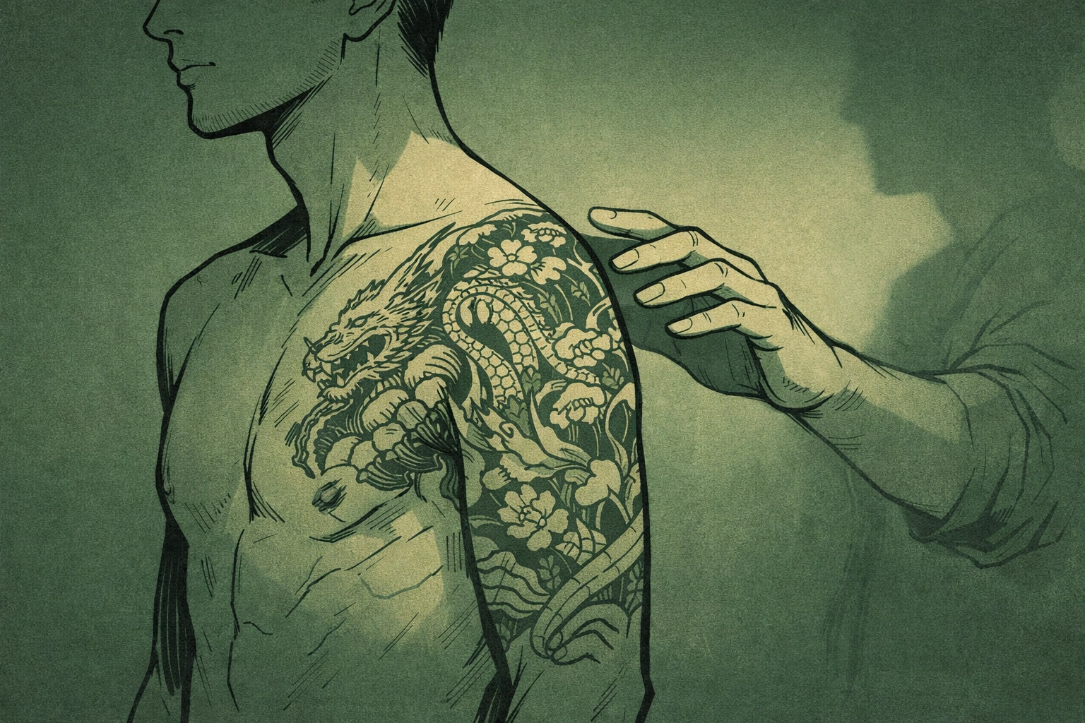Tattooed man with protective partner - MM prison romance illustration