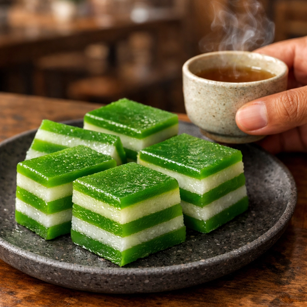 Authentic Malaysian kuih lapis cakes served at a Bay Area tea room, illustrating niche market differentiation.
