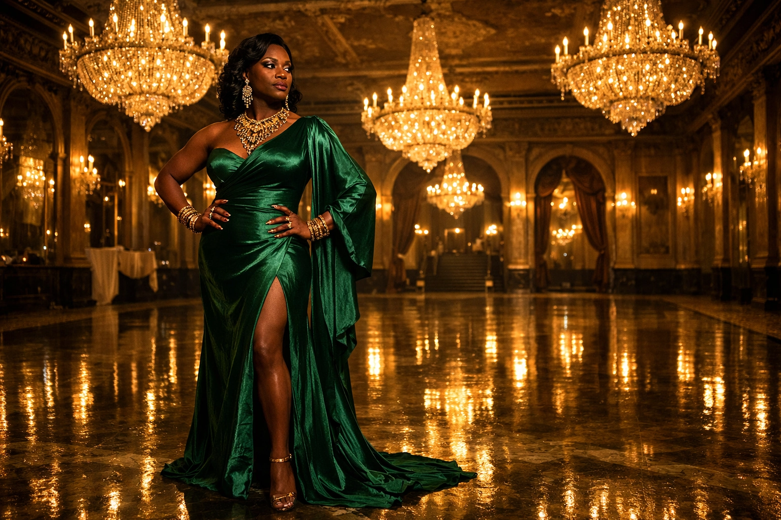 A regal House Mother in an emerald silk gown standing in a luxurious ballroom for a major celebration.