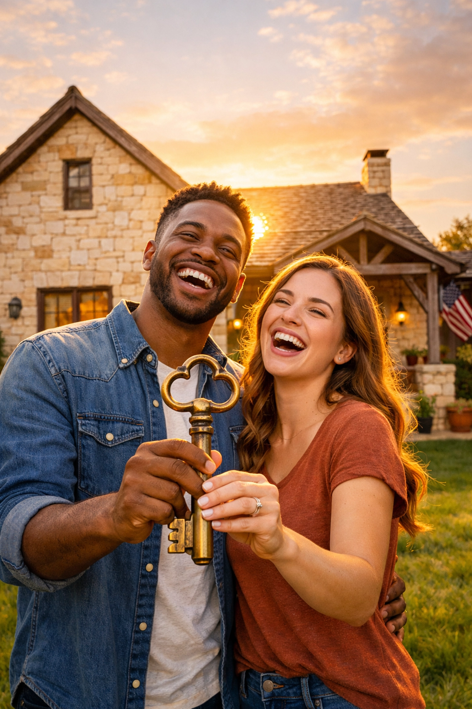 Happy Texas couple holding a house key in front of their new limestone home using down payment assistance.