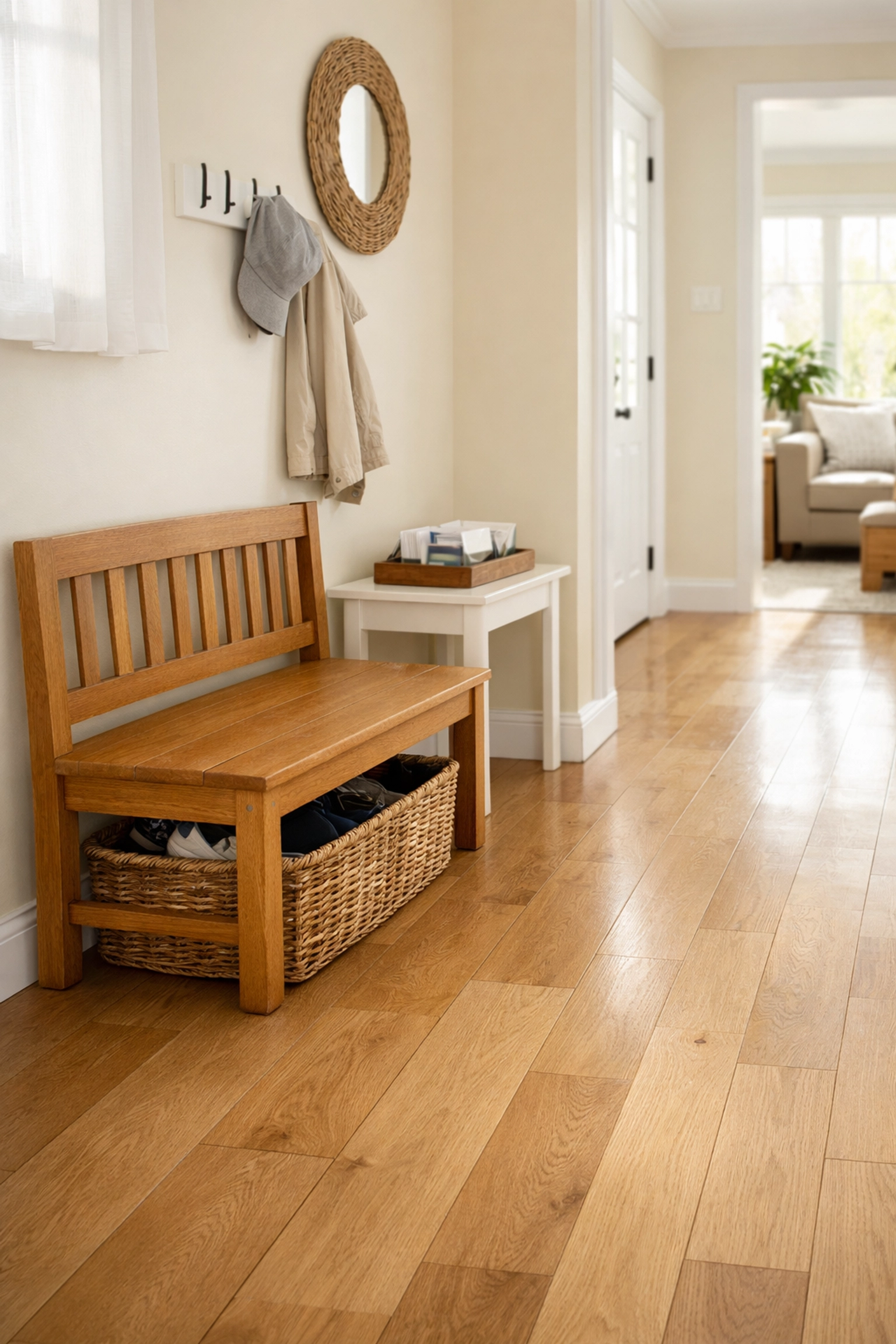 A clean home entryway with clear walking paths and organized landing zones for shoes and mail to prevent trips.