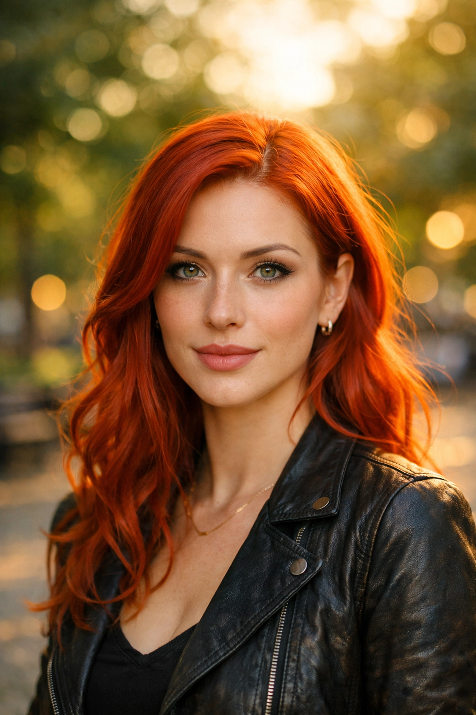 Professional portrait photography using creamy bokeh to separate a red-haired woman from a park background.