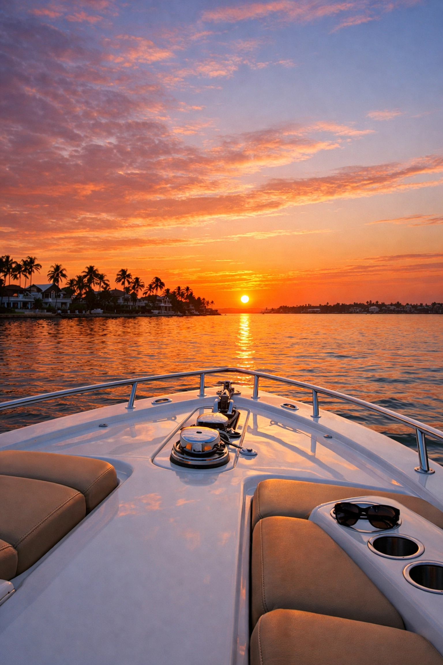 Cape Coral real estate agents showcase the boating lifestyle with a sunset view from a boat.