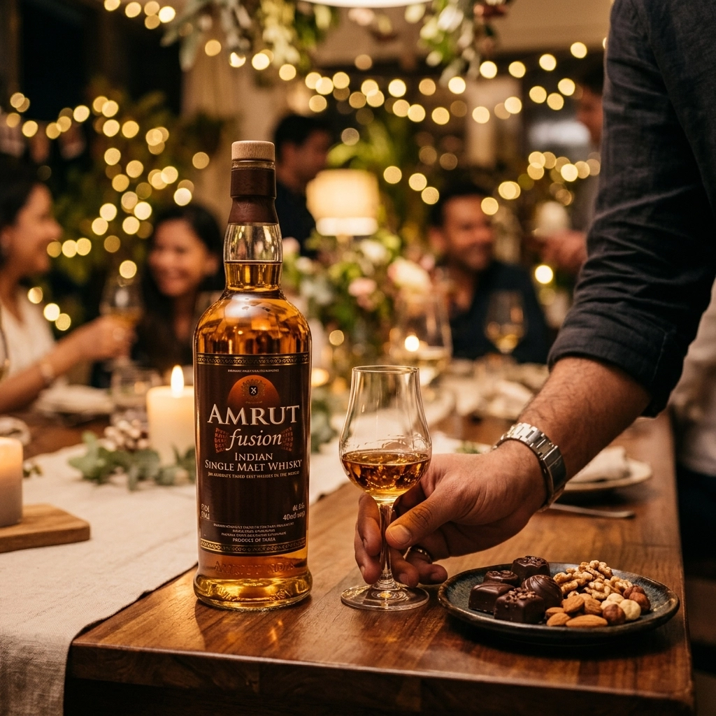 A bottle of Amrut Fusion and a glass of whisky in a celebratory setting