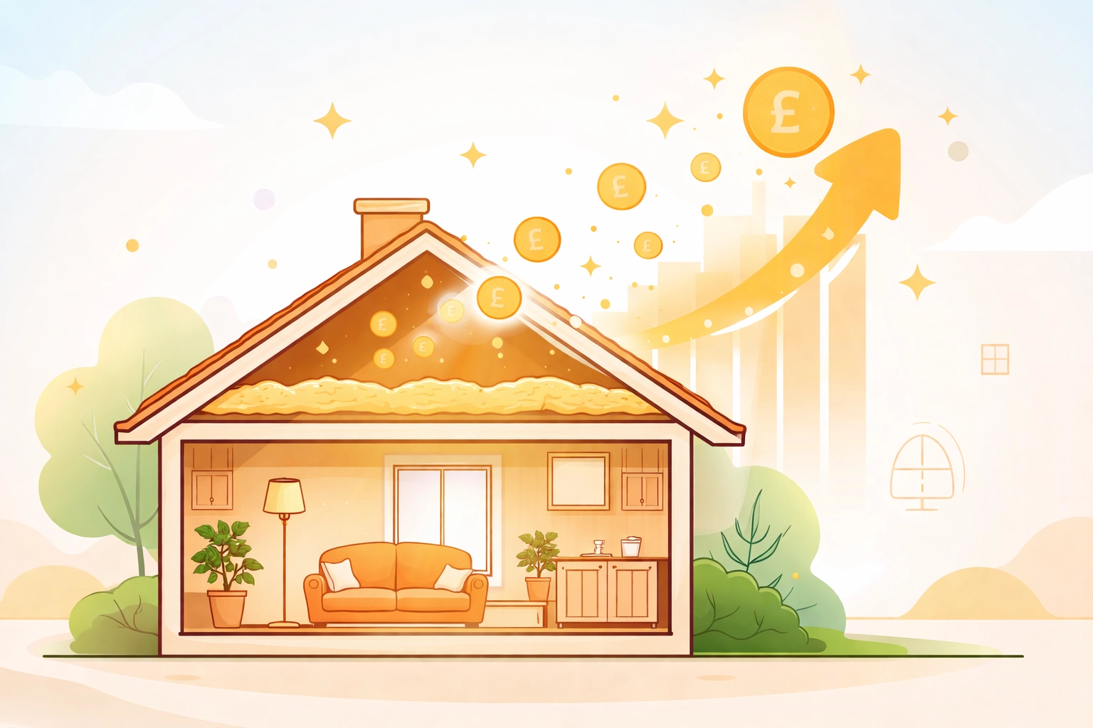 Cross-section of a home with loft insulation and savings symbols, demonstrating lower energy bills with upgraded loft insulation.