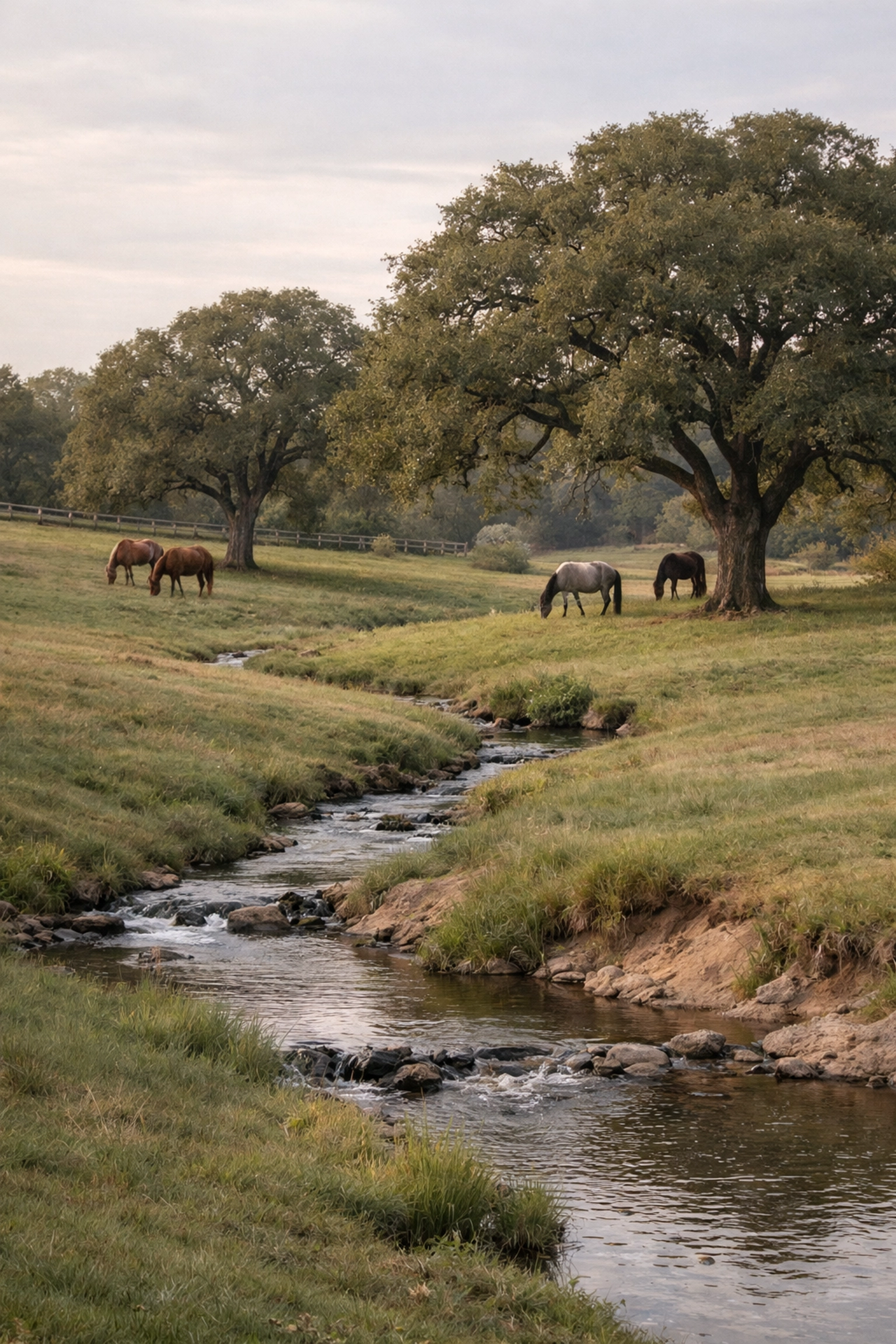 Horses grazing in well-drained pasture with creek on Davidson area equestrian property