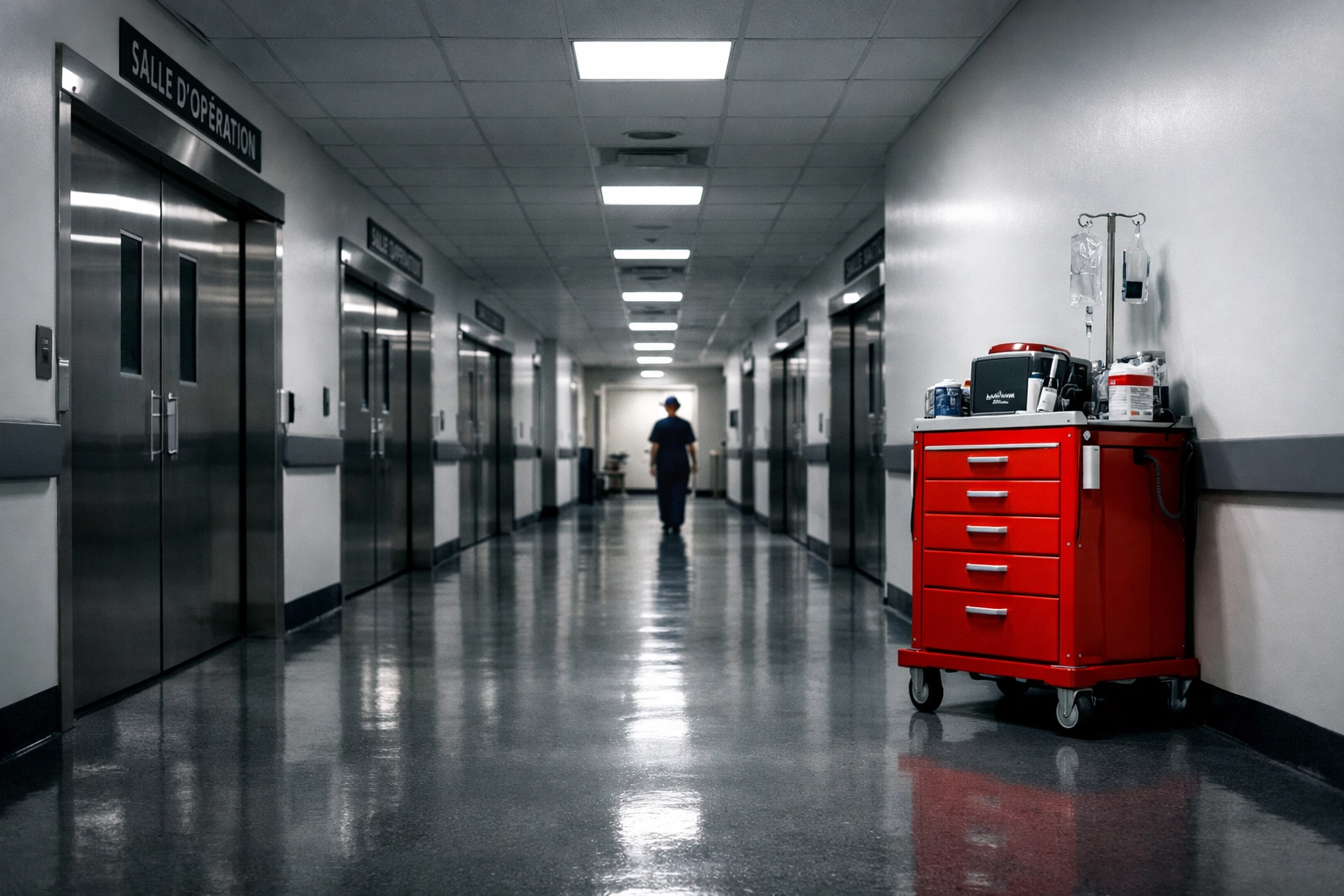 Closed operating room doors in a Quebec hospital hallway illustrating surgical backlogs and staffing shortages.