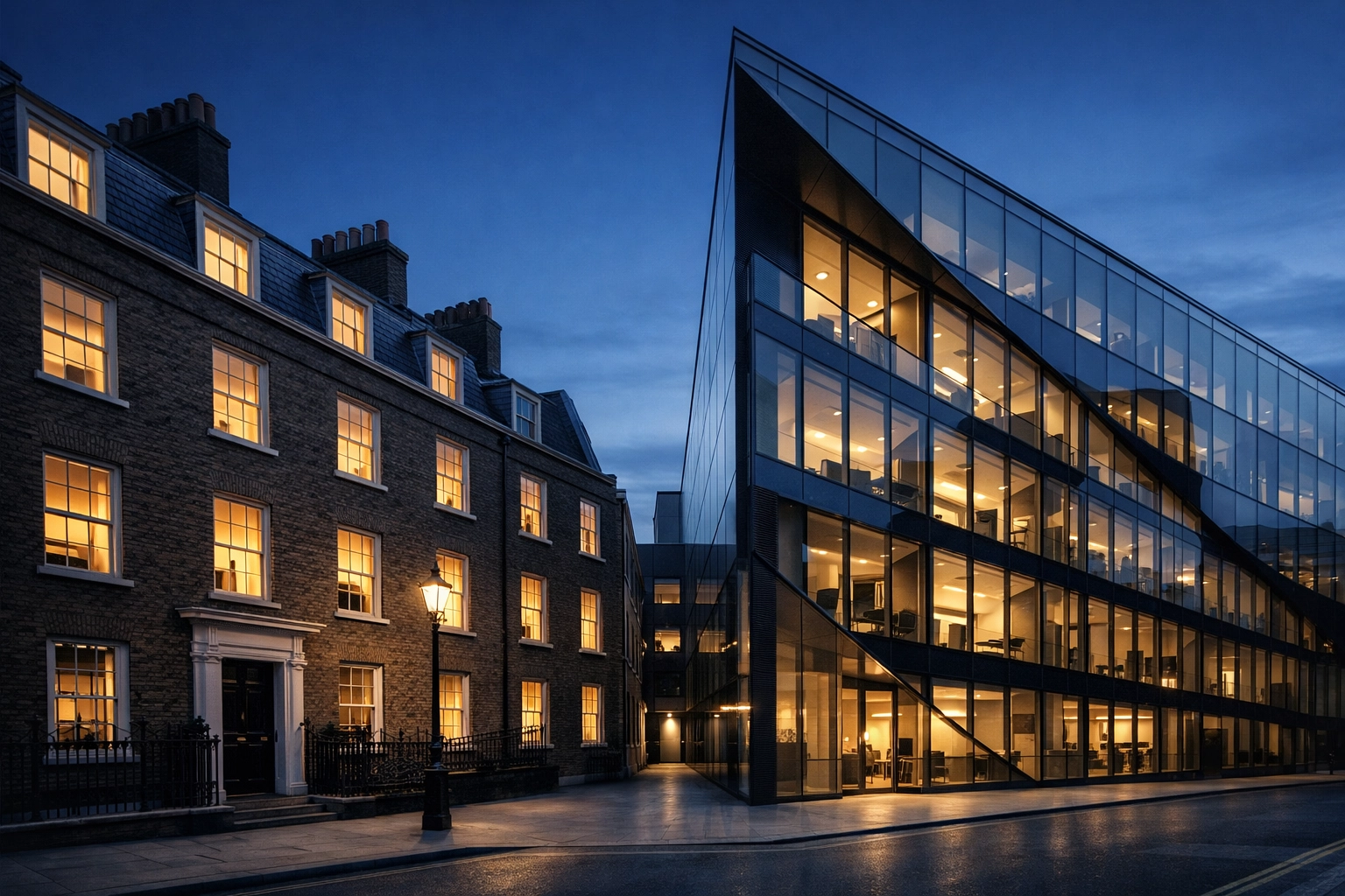 Traditional residential and modern commercial buildings representing diverse listings at land auctions London.