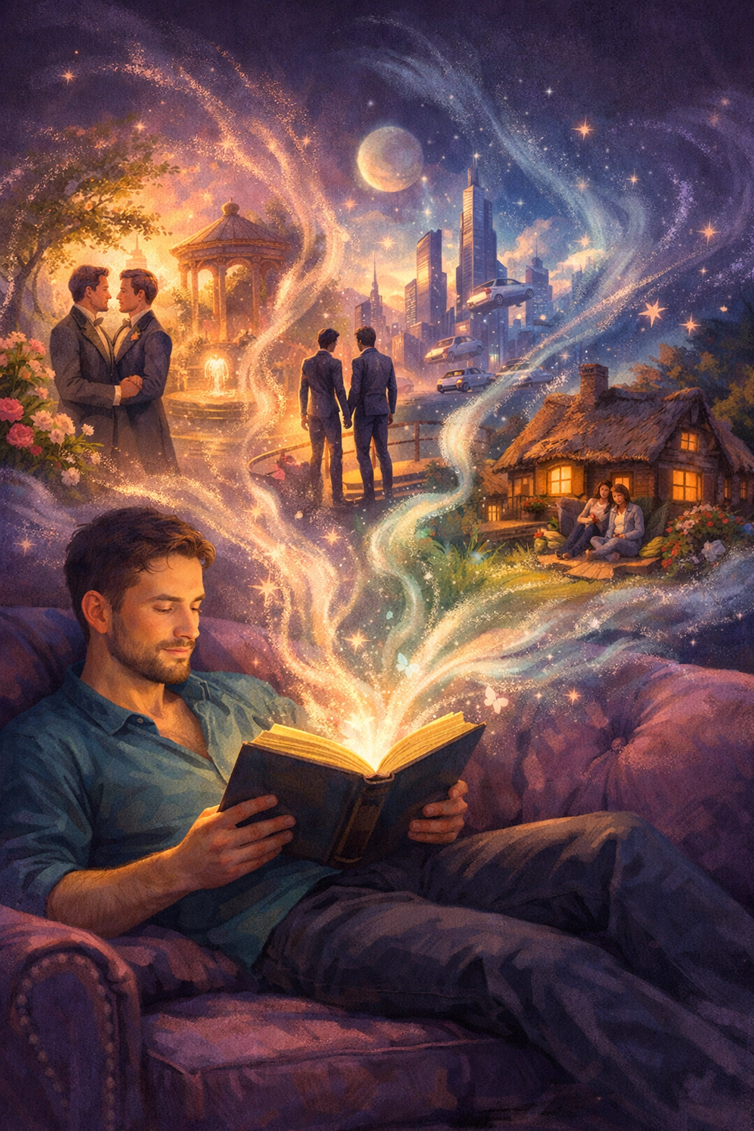 Reader immersed in MM romance books as vibrant queer fiction worlds come to life around him.