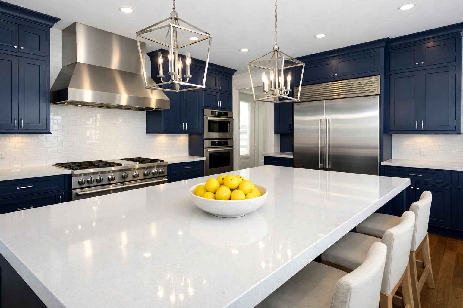 Sparkling clean gourmet kitchen in Groton with white quartz island, part of our luxury home cleaning services.