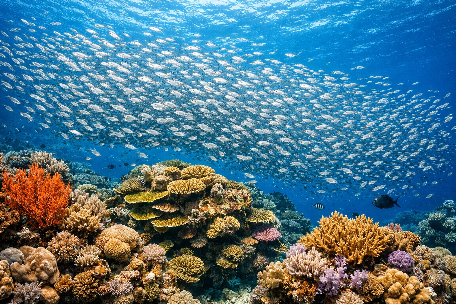 A healthy and vibrant coral reef teeming with tropical fish, showcasing marine biodiversity.