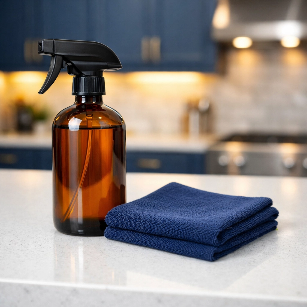 Non-toxic cleaning supplies on a white quartz counter for eco-friendly house cleaning Natick MA services.