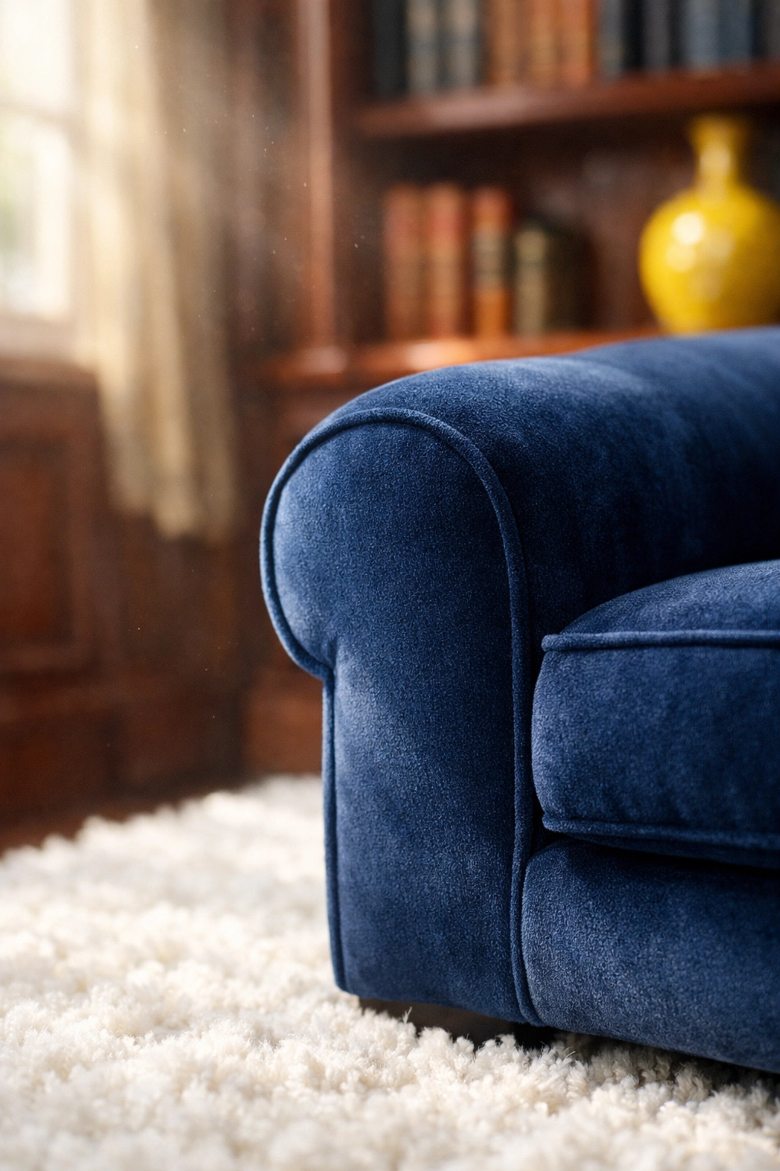 Clean upholstery and rugs in a Dover estate library illustrating high-end house cleaning Dover standards.