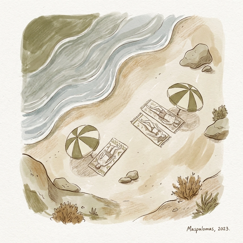 Overhead view of gay men sunbathing at Maspalomas naturist beach, Gran Canaria nude resort